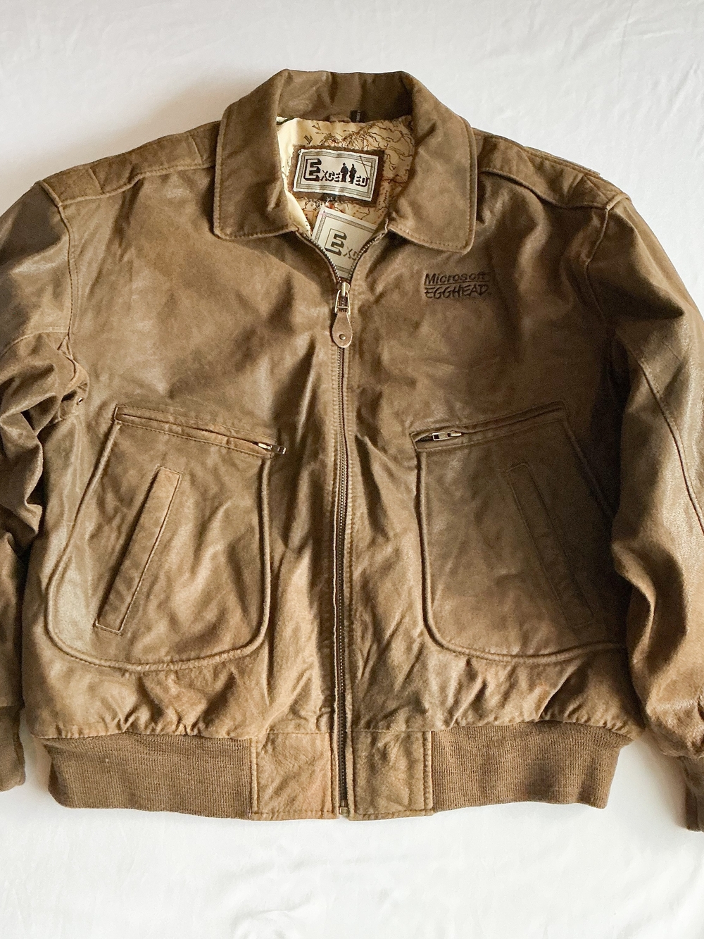 Vintage Microsoft Egghead Excelled Genuine Leather Bomber Jacket Brown Map Sz XL